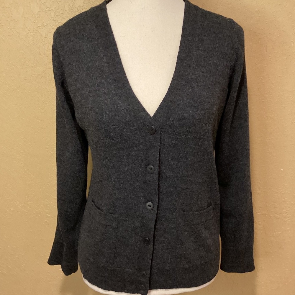 Vintage J. Crew 100% Merino‎ Wool Charcoal Gray Cardigan Sweater, Women's Large